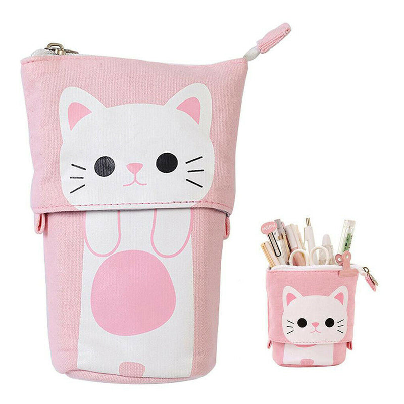 Cute Cat Pencil Case Flexible Pen Bag Zipper Box Makeup Brush Pouch White