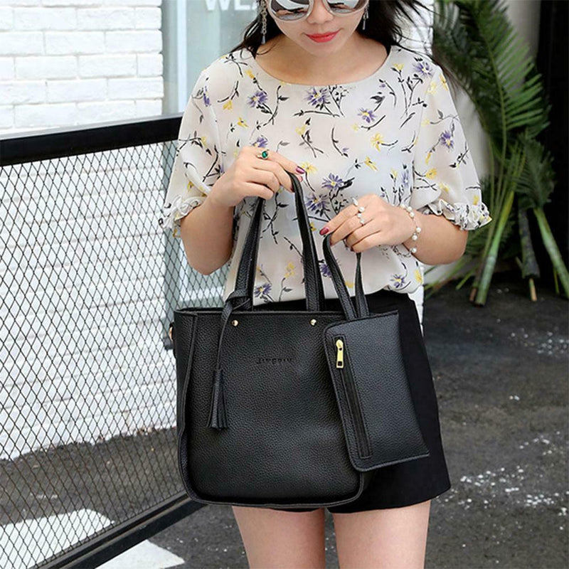 4pcs/set Litchi Leather Tassel Women Tote Shoulder Handbag Card Bags (Black