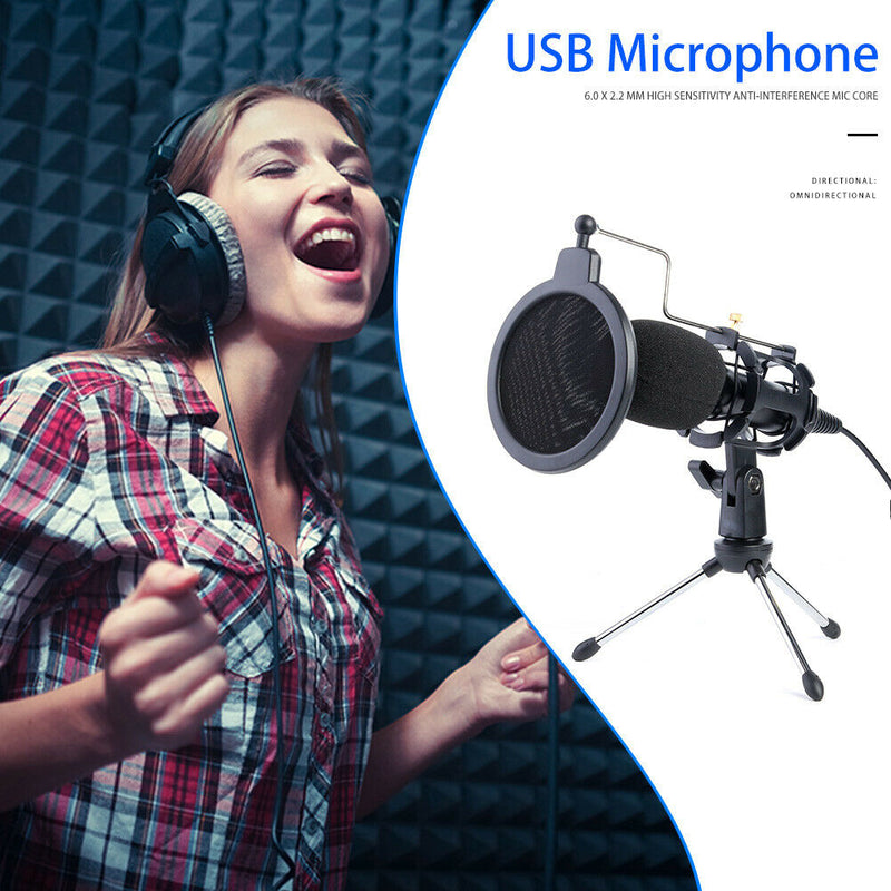USB Microphone Wired Condenser Microphone Studio Mic with Stand Clip for PC
