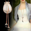 Women's Tulip Flower Pendant Crystal Rhinestones Long Necklace Sweater Chai