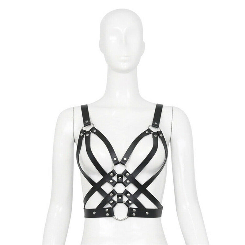 Womens Leather Body Chest Harness Belt Rivet Cage Bra Strap Metal  Party