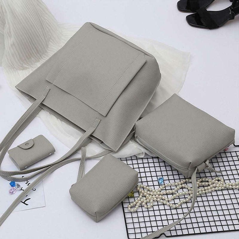 4pcs/set Shoulder Handbags Leather Women Crossbody Clutch Card Bags (Grey)