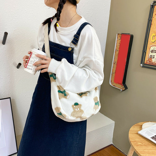 Korean Bear Crossbody Tote Bag Women Plush Casual Shoulder Dumpling Handbag