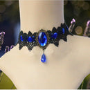 90's Punk Goth Choker Necklace Harajuku Blue Gem Black Velvet Chain Neck