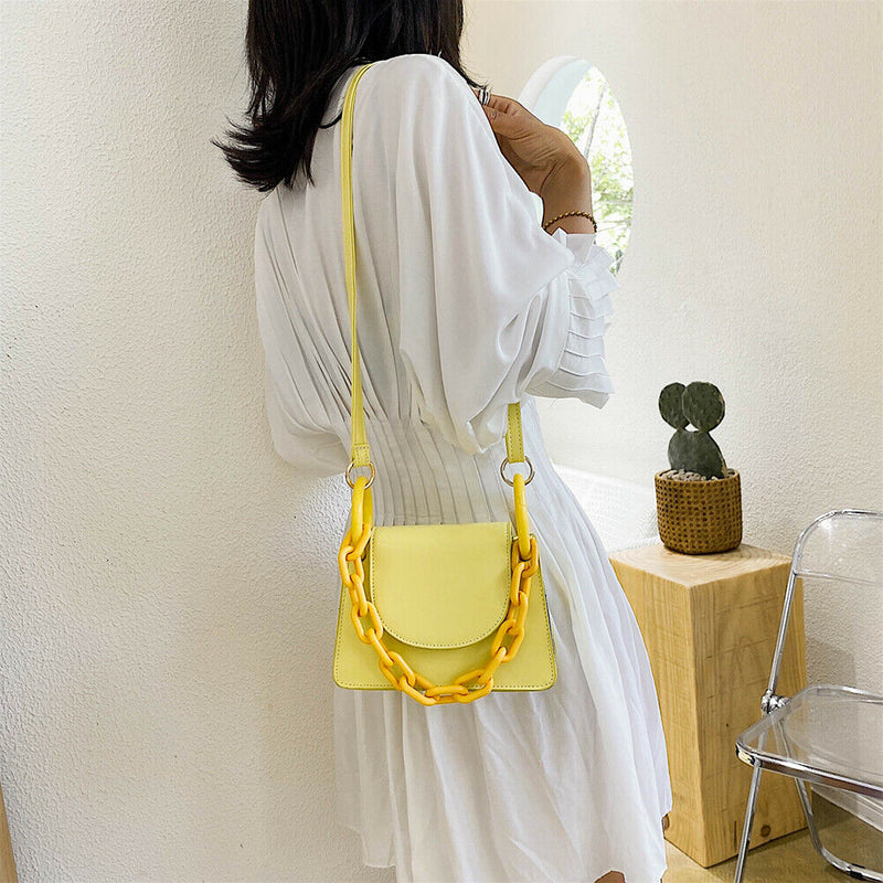 Candy Color PU Leather Crossbody Bags Women Chain Shoulder Totes (Yellow) A