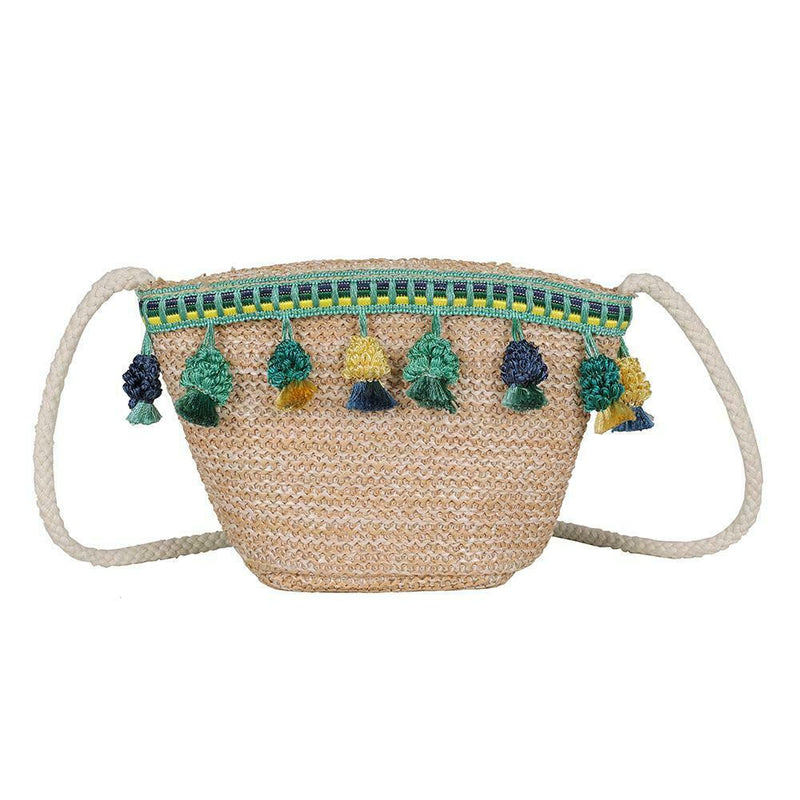 Women Tassel Shoulder Bags Straw Messenger Crossbody Beach Handbags (Green) A