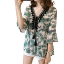Women Plus Size Floral Print Chiffon Loose V-Neck Sleeve Top (Green) (XL)