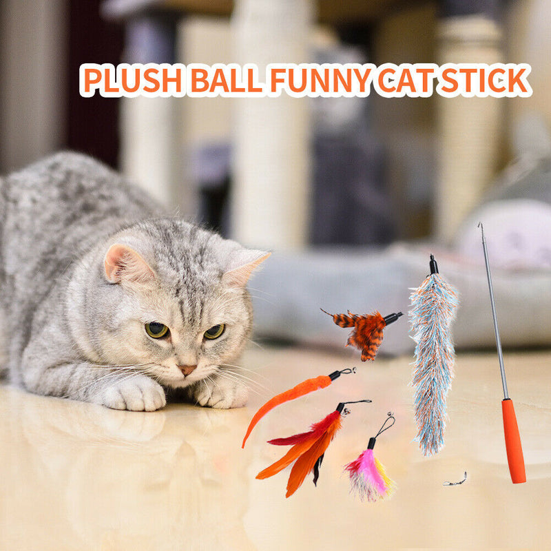 Pet Telescopic Feather Teaser Wand Rod Cat Toys w/Replacement Head (Orange) A
