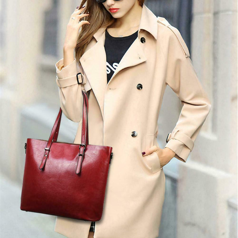 Oil Wax Leather Shoulder Handbags Women Big Capacity Shopping Totes (Red)