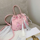 Flower Decor Drawstring Shoulder Bags Women Crossbody Tassel Bag (Pink)