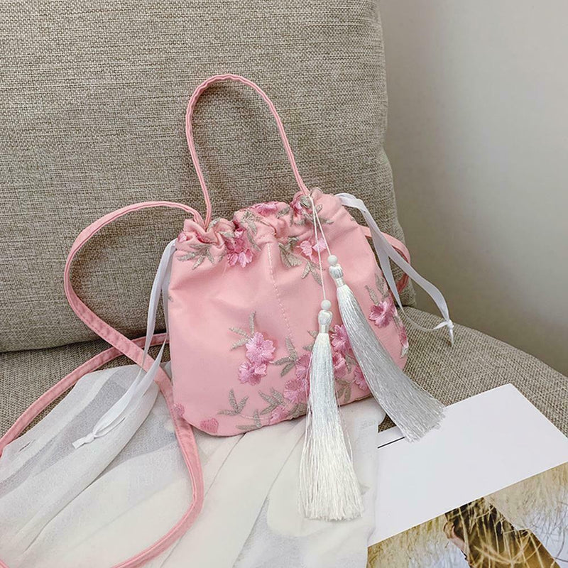 Flower Decor Drawstring Shoulder Bags Women Crossbody Tassel Bag (Pink)