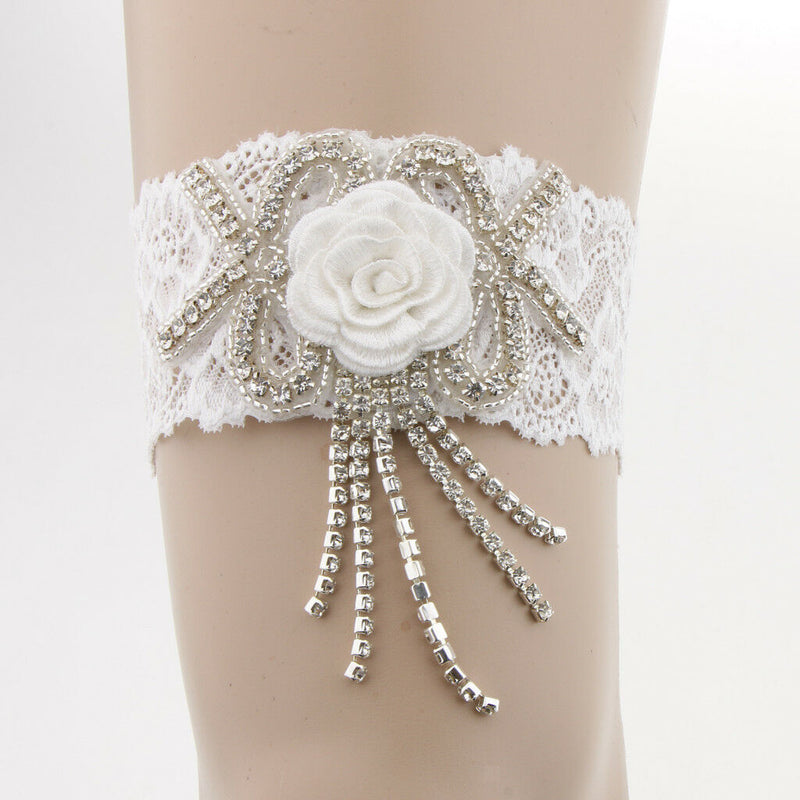 Wedding Garter Flower Applique Keepsake Throwaway Rhinestone Lace Thigh Ring