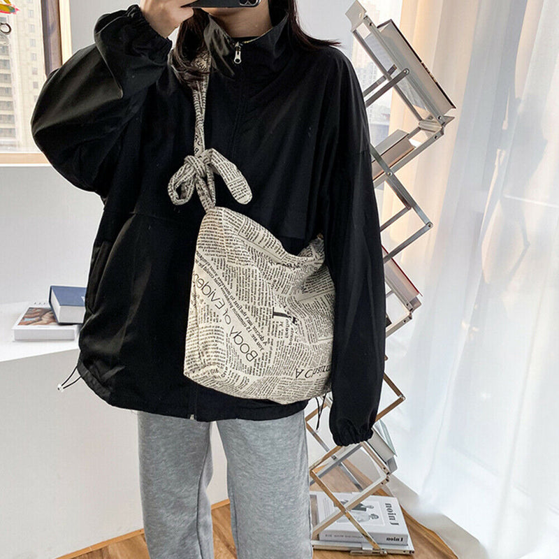 Casual Canvas Shoulder Bags Women Newspaper Print Zipper Crossbody Bags