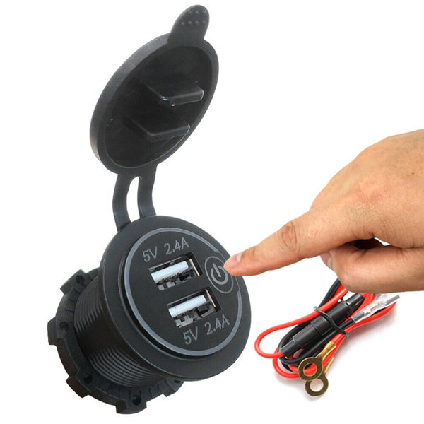 For Motorcycle Touch Switch 4.8A Dual USB Charger Socket Outlet with Power Cord
