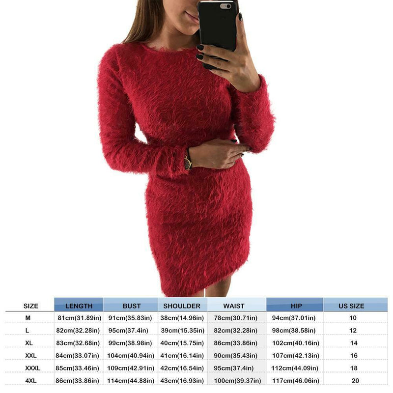 Women Long-Sleeved Bodycon Clubwear Ladies Plush Solid Color Dress (Red M)