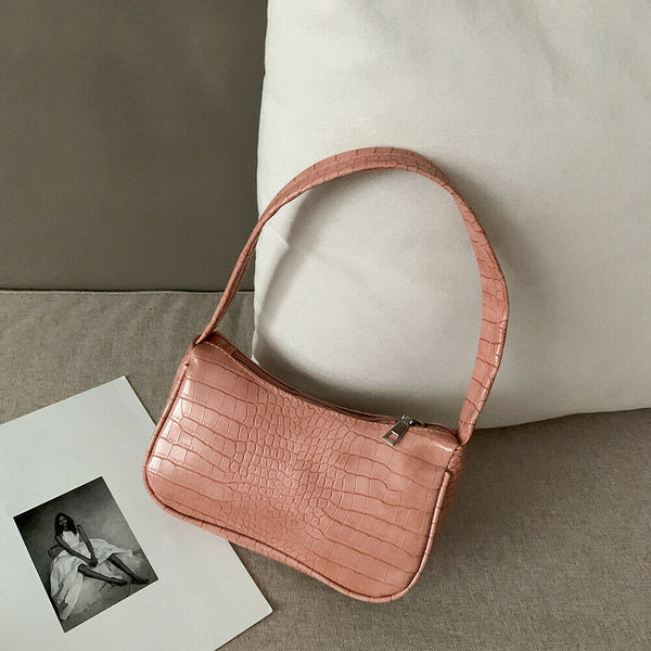 Retro Alligator PU Leather Handbag Women Casual Totes Shoulder Bag (Pink)