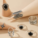 7Pcs Black Stone Antler Flower Butterfly Rings Women Metal Knuckle Rings Jew Ew
