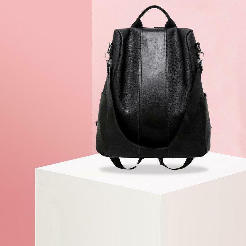 Women Backpack PU Leather School Shoulder Bag Casual Rucksacks (Black)