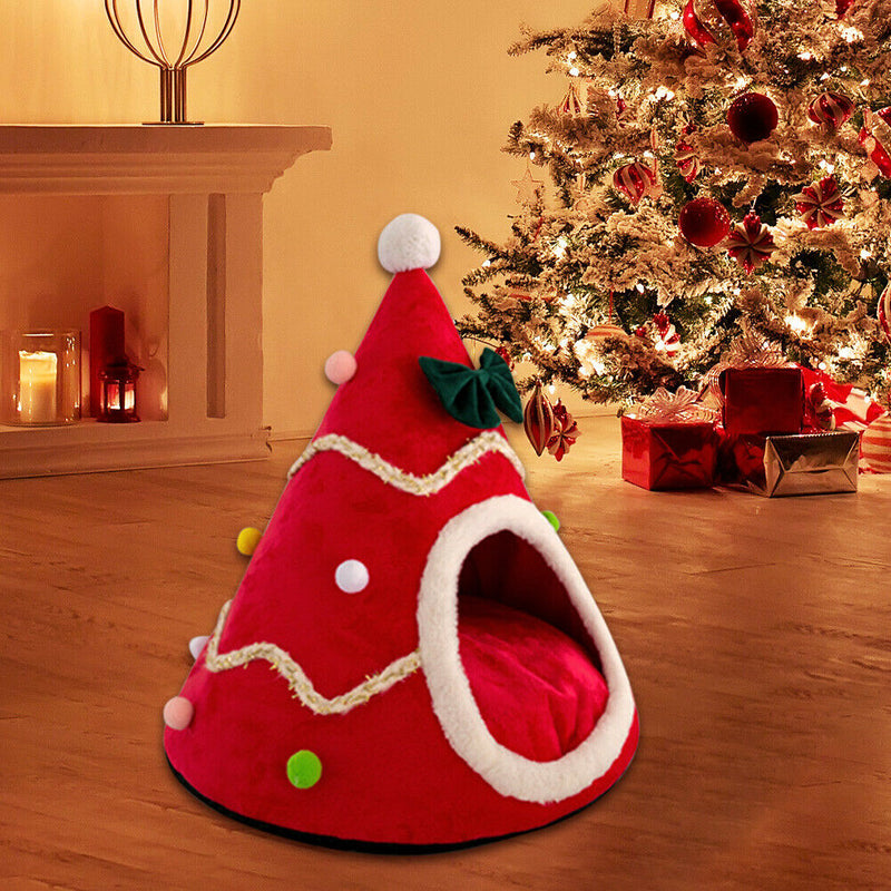 Christmas Tree Shape Dog Cat Bed House Home Warm Sleeping Bed Nest (Red)(S) A