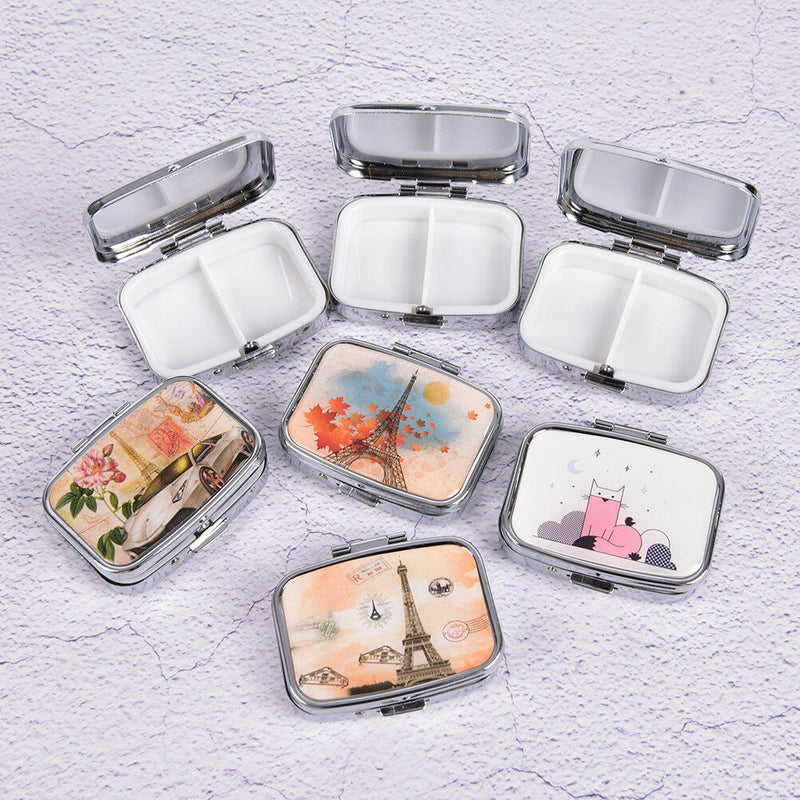 Square Metal Folding pill case Medicine Organizer Pill Box Storage Container Nw