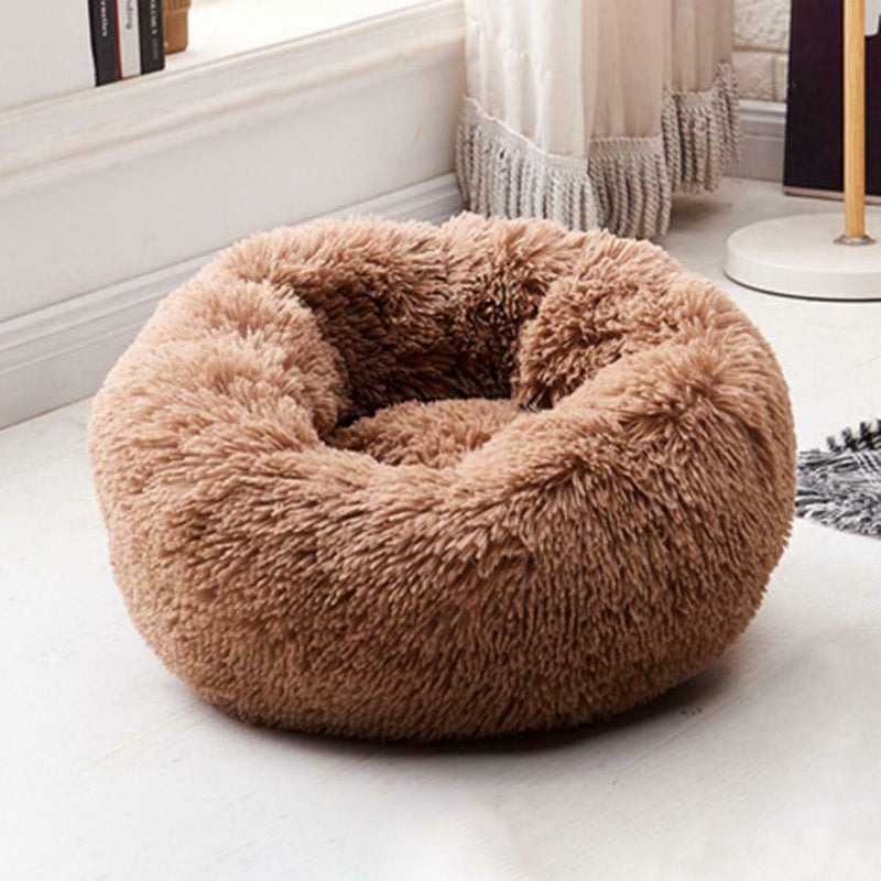 Round Soft Dog Bed Plush Kennel Nest Velvet Foldable Pet Mat (Coffee S)
