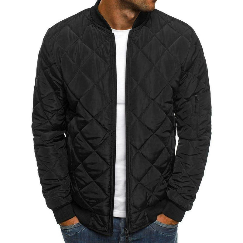 Men Long Sleeve Diamond Stand Collar Winter Padded Jacket (Black L) A