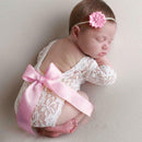 2pcs Newborn Shoot Photography Props Girls Lace Rompers Headband (Pink) A