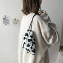 Women Plush Crossbody Bag Cow Milk Print Shoulder Drawstring Mini Handbags