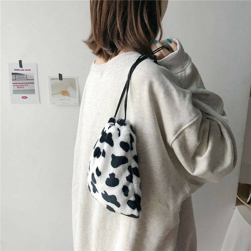 Women Plush Crossbody Bag Cow Milk Print Shoulder Drawstring Mini Handbags