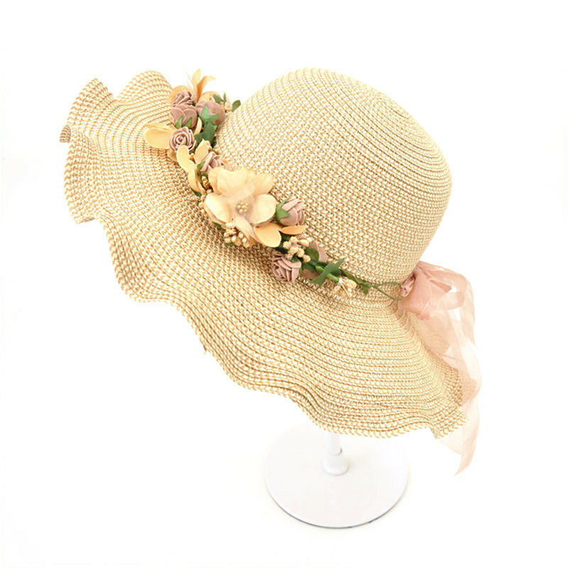 Women Ladies Summer Sun Beach Hat Outdoor Sun Hat with Flowers Elegant 2017 lj