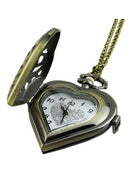 Hollow Heart-Shaped Pocket Watch Necklace Pendant Chain Bronze D6C7