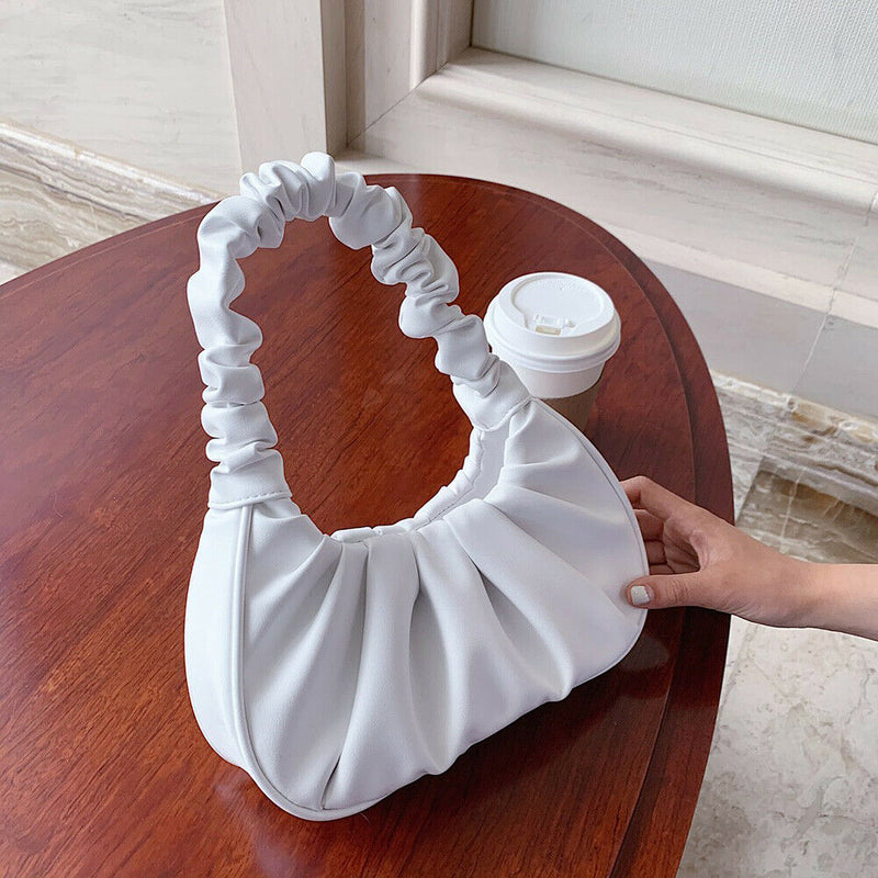 Elegant Pleated Handbag Women Leather Travel Totes Shoulder Bag (White)