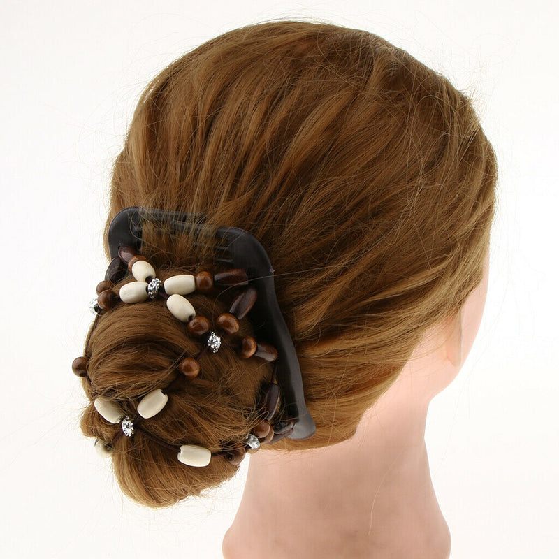 2 Pack Elastic Double Clips Hair Comb  Wooden Beads Stretching
