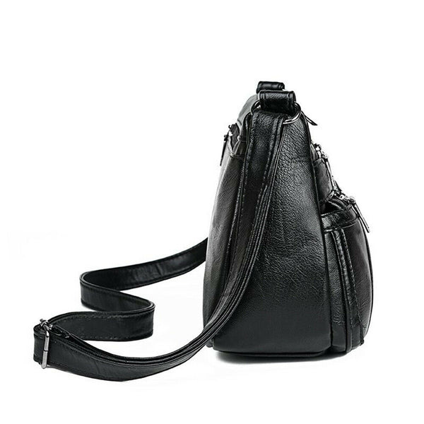 Women PU Shoulder Bag Multi-pocket Mother Solid Crossbody Handbag (Black)