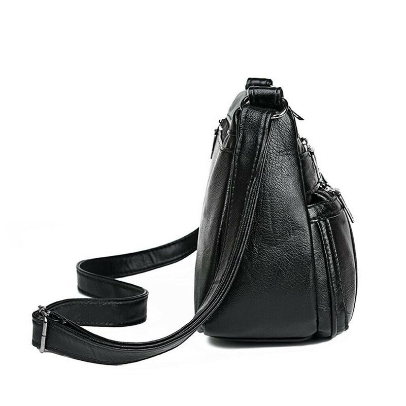 Women PU Shoulder Bag Multi-pocket Mother Solid Crossbody Handbag (Black)