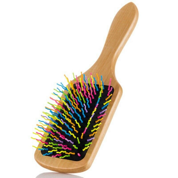 Natural Wooden Hair Brush, Natural Rainbow Wooden Paddle Hair Brush M2S6