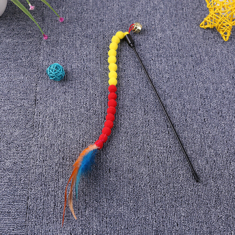 Cat Teasing Stick Colorful Pompom Feather Wand Fun Pet Teaser Rod Toys (02)