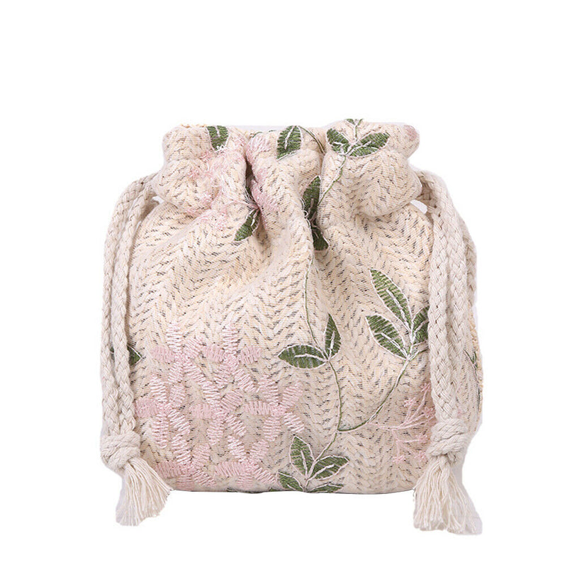 Straw Woven Bag Women Lace Embroidery Drawstring Shoulder Pouch (White)