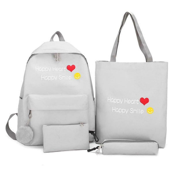 4pcs/set Letter Print Canvas Women Backpack Travel Schoolbag Totes (Grey) A#S