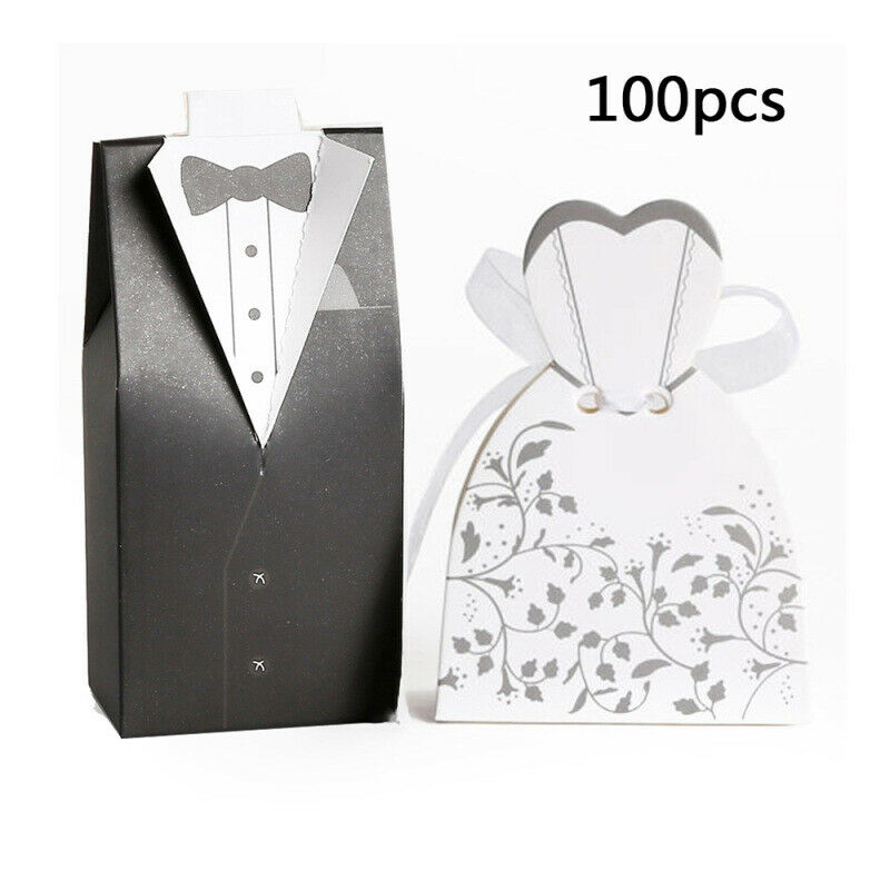 100pcs Wedding Favor Boxes Dress Tuxedo Party Candy Gift Bride Groom Shower ZET