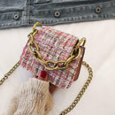 Women Woolen Messenger Shoulder Bags Mini Totes Flap Chain Handbag (Pink)