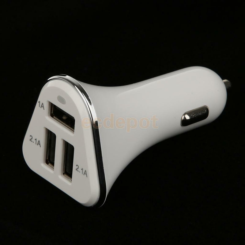 White Universal Fast 5.2 Amp Triple USB Ports Adapter Car Charger with Led