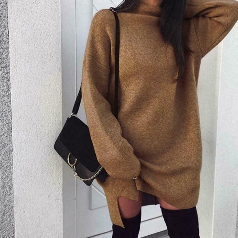Solid Color Sweater Dress Women High Neck Long Sleeve Dresses (Coffee L) A