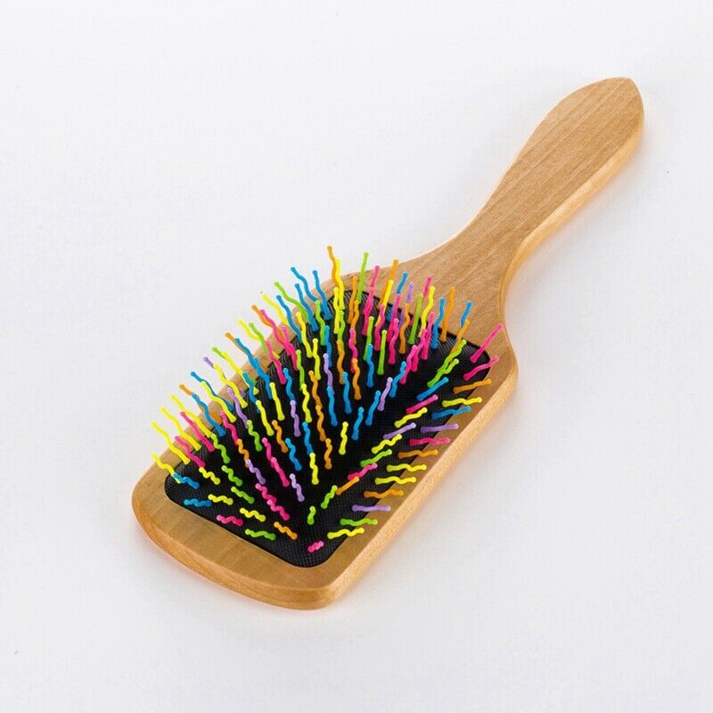 Natural Wooden Hair Brush, Natural Rainbow Wooden Paddle Hair Brush J4U4