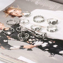 11pcs/set Flower Hollow Moon Leaves Ring Rhinestone Knuckle Rings Jewelry