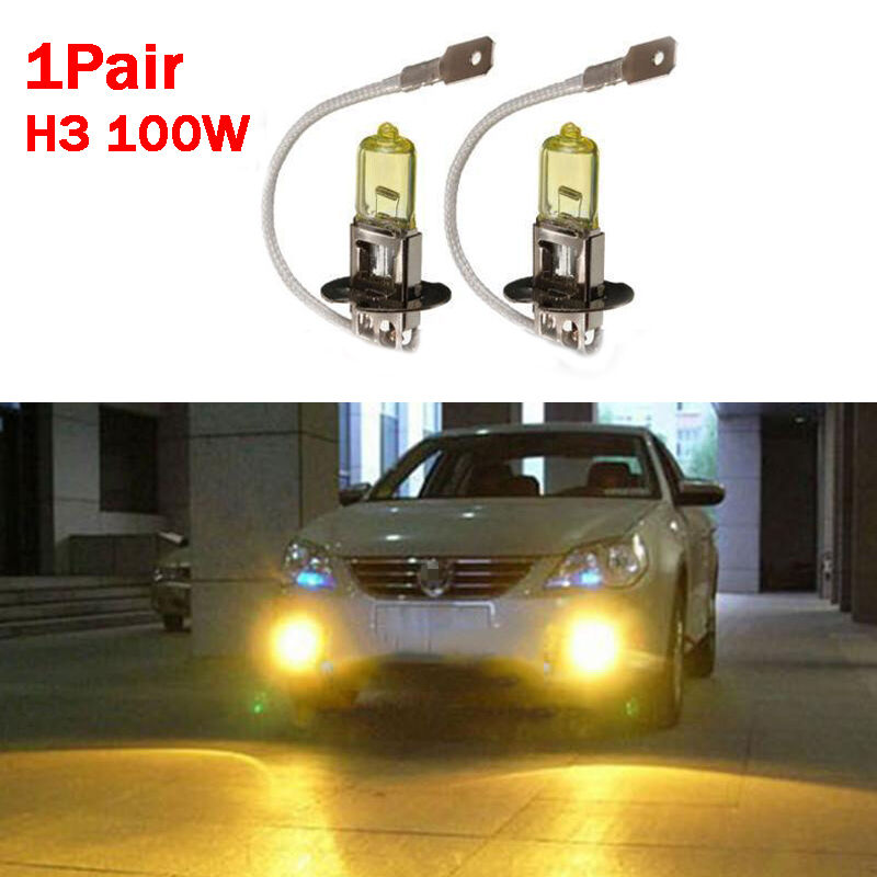 2PCS Car Vehicle H3 100W Hyper Yellow Halogen HeadLight Bulb High Beam Fog Lamp
