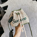 Leaf Decor Shoulder Handbags Women Straw Drawstring Crossbody Bags (Green)