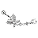 Crystal Butterfly Dangle Ball Barbell Bar Belly Button Navel Ring White