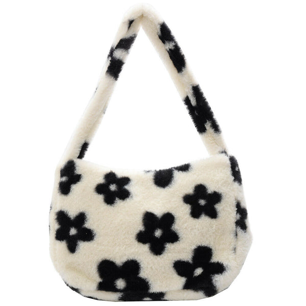 Female Plush Soft Fluffy Handbag Flower Printed Shoulder Bag Street Travel Purse