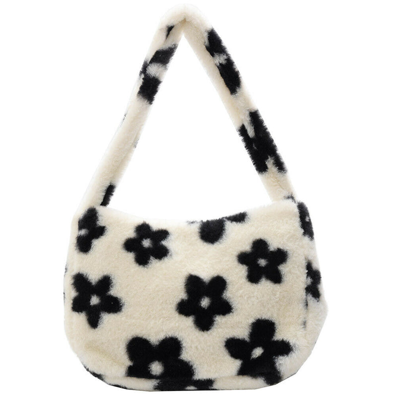 Female Plush Soft Fluffy Handbag Flower Printed Shoulder Bag Street Travel Purse
